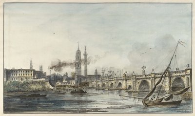 Uitzicht over de Theems naar de Kerk van St Magnus en het Monument met de London Bridge aan de rechterkant door Louis Bélanger